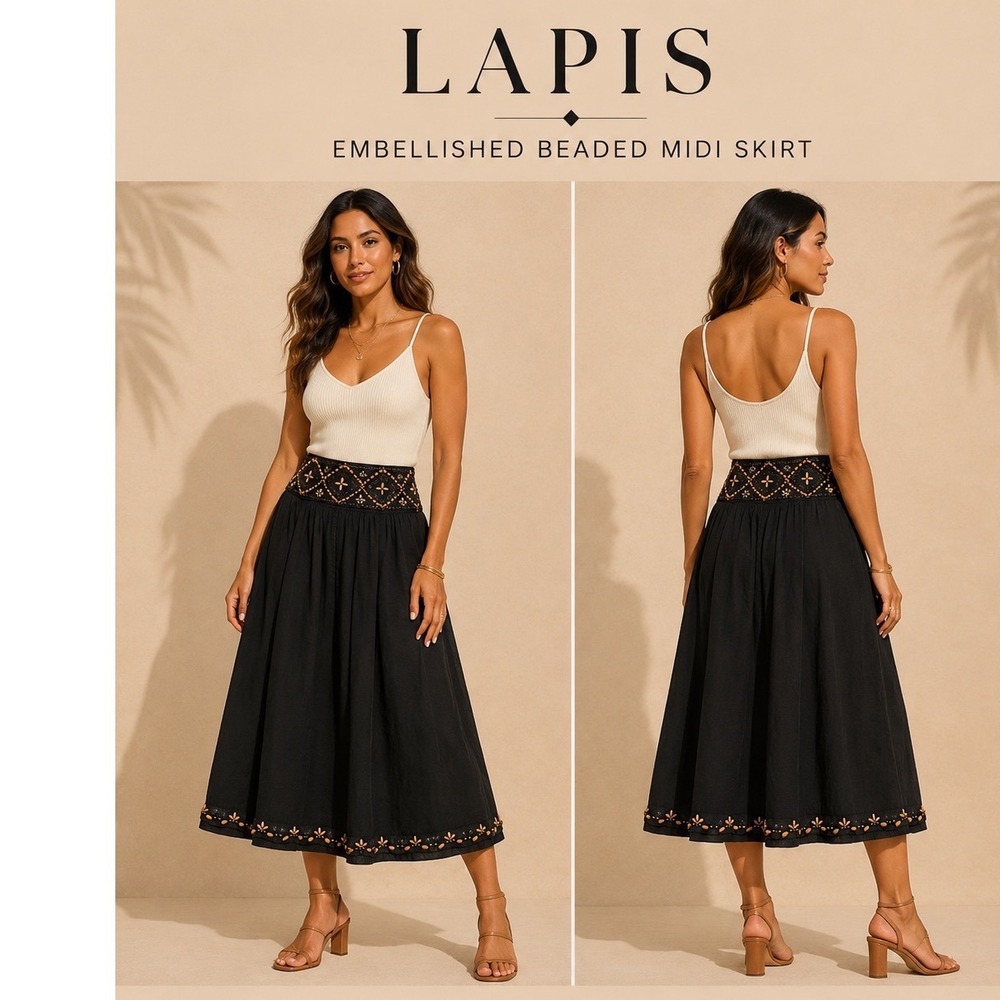 Lapis Black Cotton Beaded Sequin A-Line Skirt Boho Wood Bead Hem Size L 750